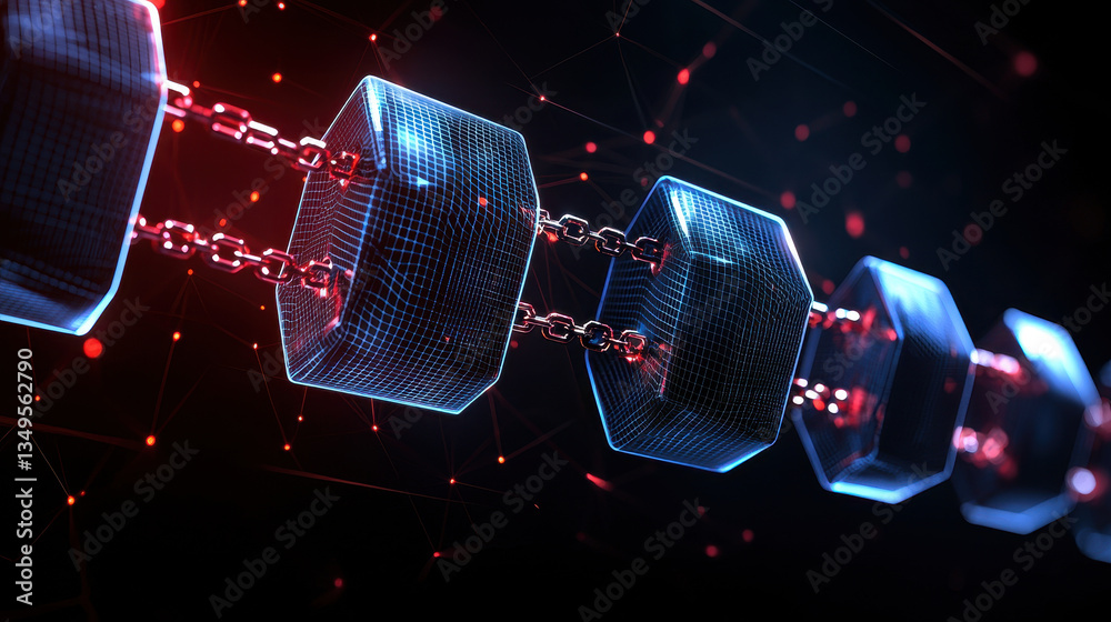 Poster futuristic digital representation of interconnected hexagonal blocks, symbolizing blockchain technology. glowing chains and vibrant colors create sense of innovation and connectivity