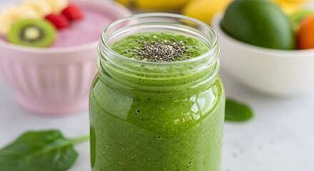 A thick and vibrant green smoothie served in a mason jar
