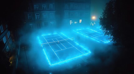 Fototapeta premium Two illuminated tennis courts glowing in the city at night