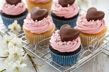 Romantic cupcakes with pink frosting and chocolate hearts