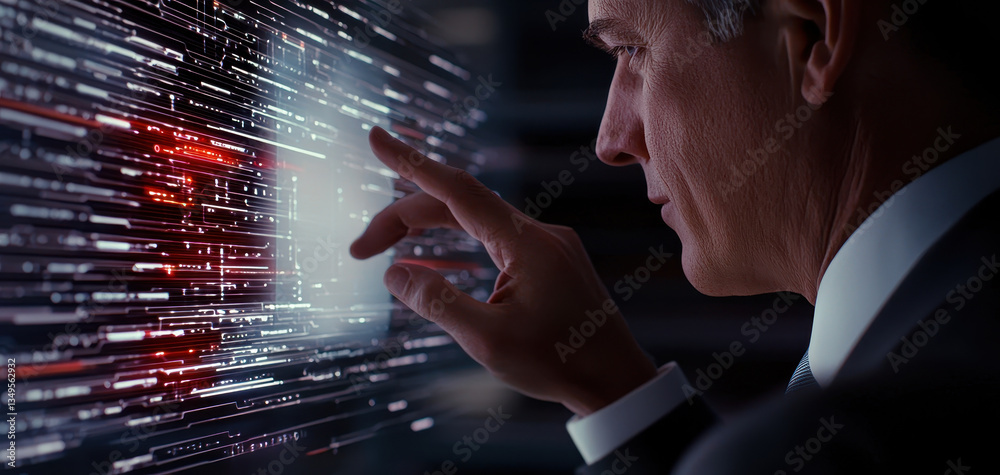 Aufkleber professional man interacts with futuristic digital interface, showcasing advanced technology and data visualization. His focused expression reflects curiosity and engagement this innovative