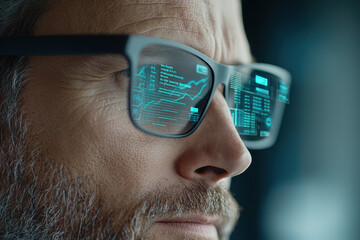 Digital glasses reflecting data analytics and business graphs showcase modern approach to technology and information analysis. focused expression highlights importance of data in decision making