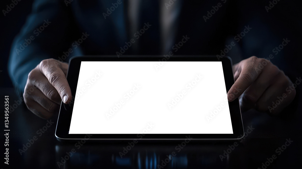 Poster businessman holds tablet with blank screen, emphasizing potential for digital interaction and innova