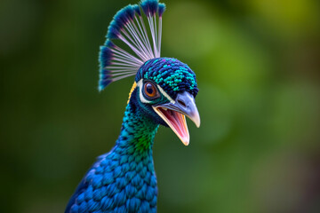 Naklejka premium Vibrant Indian Peafowl Bird Displaying Its Stunning Plumage in a Majestic Natural Setting, Showcasing the Beauty and Elegance of the Peacock