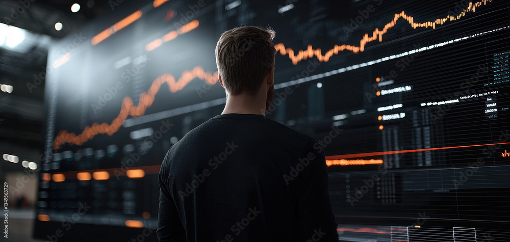 Fototapete focused individual analyzes data trends on large digital screen, showcasing financial graphs and statistics in modern workspace. atmosphere conveys sense of determination and insight