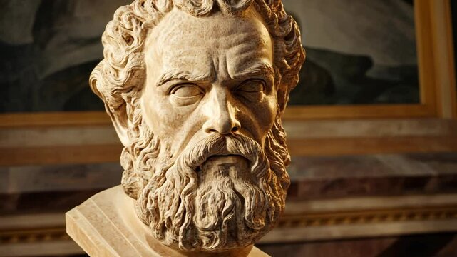 Famous ancient philosopher bust displayed in a classical art gallery during daylight hours