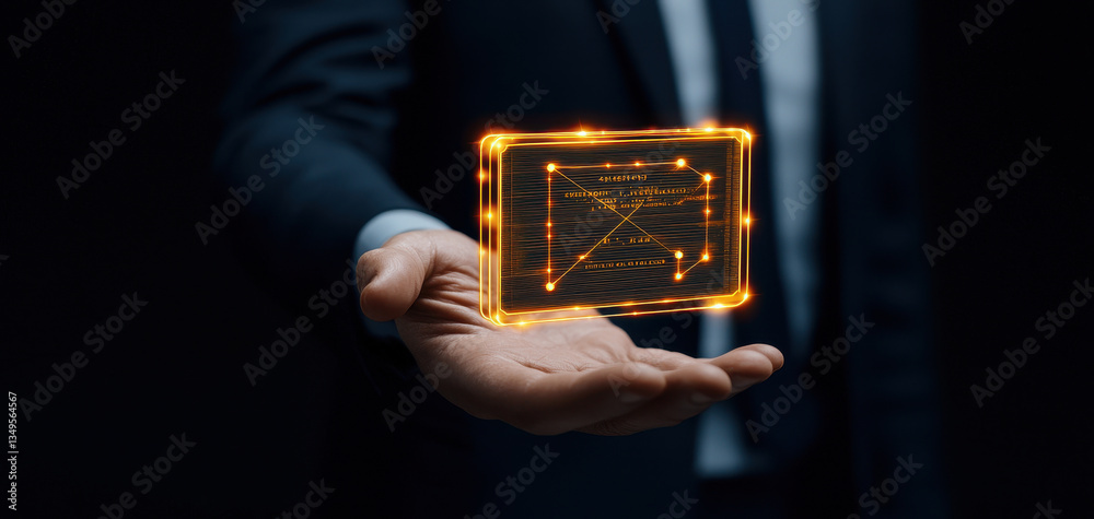 Poster minimalist concept image of open palm holding glowing card, symbolizing technology and innovation. h