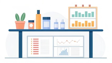 Obraz premium Modern desk with skincare products and business charts displayed.