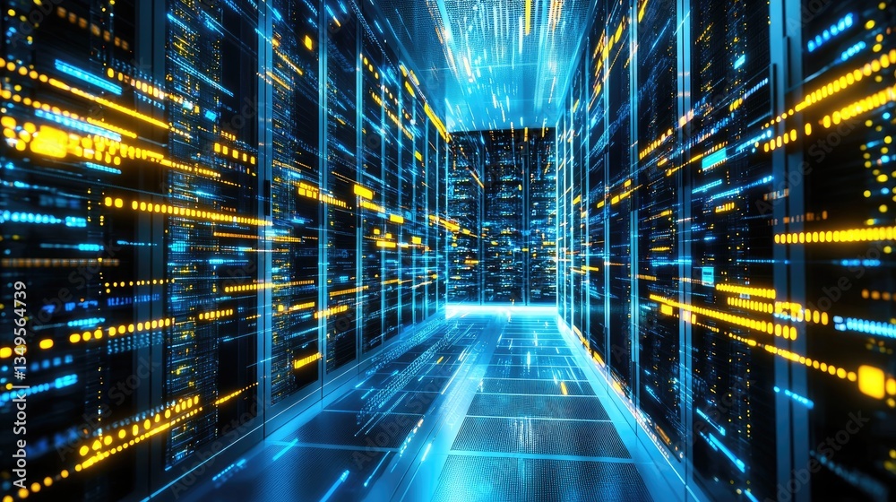 Poster A futuristic data center with glowing blue and yellow lights, symbolizing advanced computing and cybersecurity. Ideal for AI, cloud technology, and networking