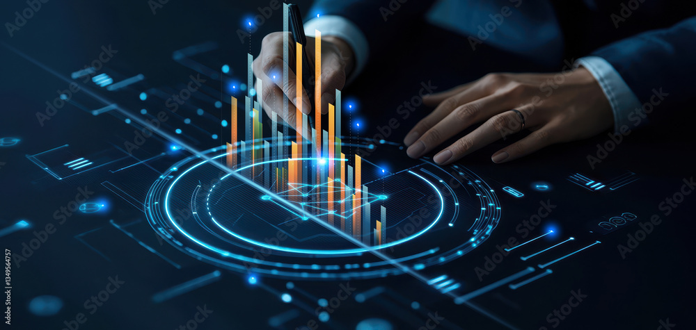 Poster Professional analyst working with machine learning algorithms to forecast trends, surrounded by futuristic digital charts and data points, showcasing high quality technology