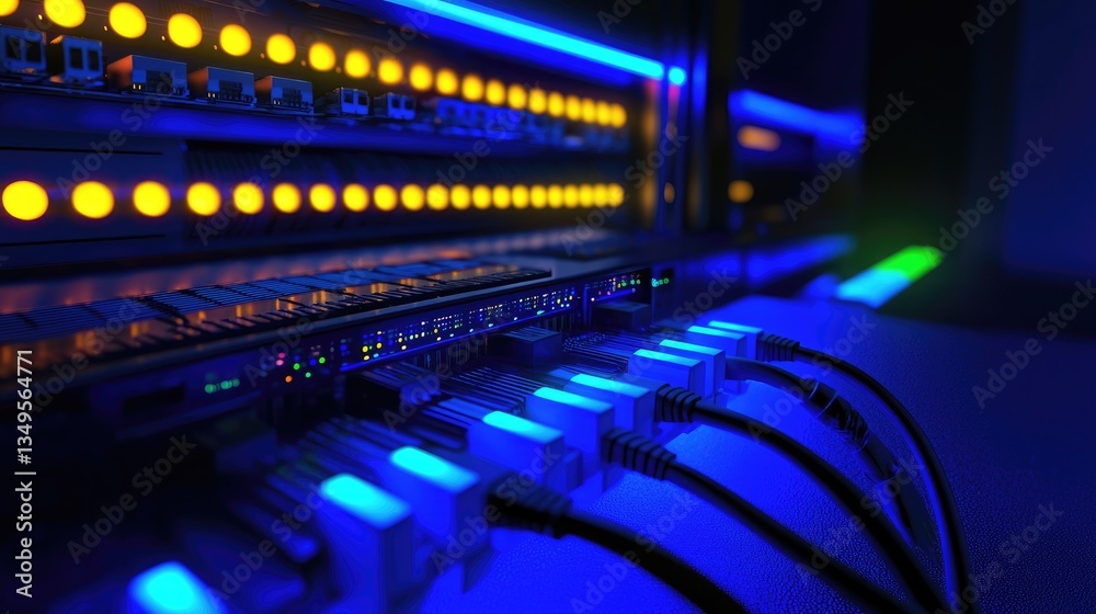 Poster A close-up view of a data center network switch with glowing blue and yellow lights, highlighting high-speed internet connections. Ideal for IT, cloud computing, and cybersecurity