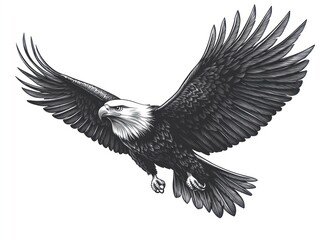 Obraz premium Monochrome eagle in flight against a blank background; graphic design element