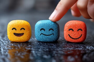 Human finger hovering over glowing emoji trio, modern design for mental health app mood trackers and telemedicine platform patient feedback systems.