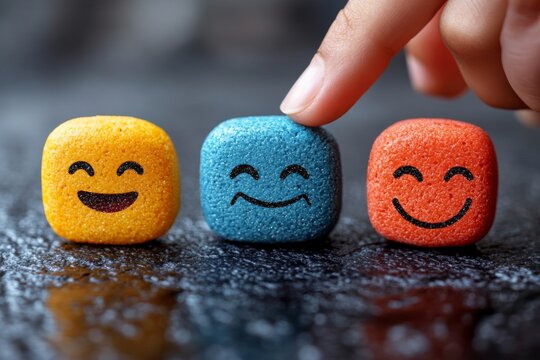 Human finger hovering over glowing emoji trio, modern design for mental health app mood trackers and telemedicine platform patient feedback systems.