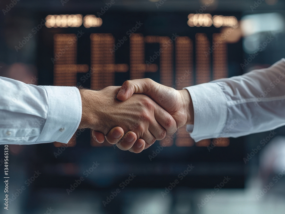 Poster two corporate partners shaking hands in professional setting, symbolizing agreement and collaboratio