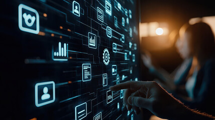 person interacts with digital interface displaying various icons and data visualizations, symbolizing technology and innovation modern workspace. atmosphere conveys sense of collaboration