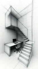 Architectural drawing of an office space with stairs and desk