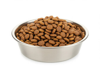 A stainless steel bowl filled to the brim with dry brown dog food on a white background
