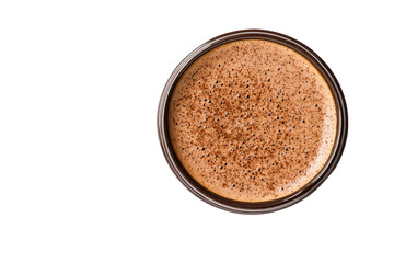 Aromatic coffee drink in clear mug on dark background, cut out transparent