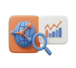 Global Business Analytics 3D Growth Chart Network Magnifying Glass