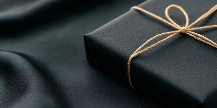 Elegant black gift box wrapped in string on sleek fabric background