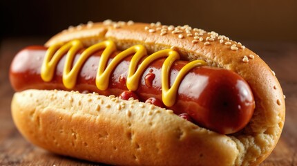 Classic hot dog with ketchup, mustard, and sesame seed bun