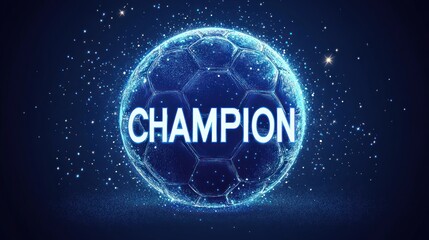 A glowing champion soccer ball with shining particles in the background