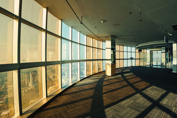 Modern futuristic observation deck with geometric pattern and symmetry glass windows in famous highrise building at Bangkok