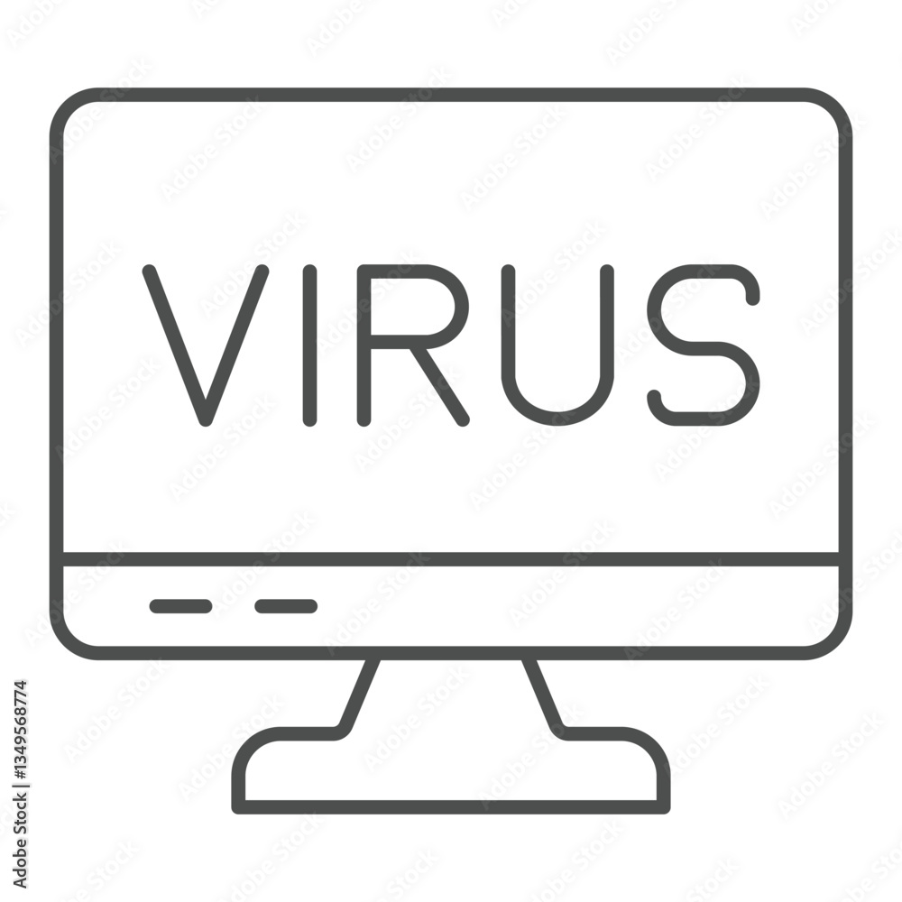 Poster monitor screen with virus thin line icon, hacker attacks concept. vector graphics. computer virus in