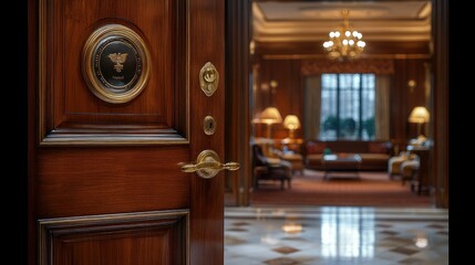 Luxury wooden door opening to a grand living room