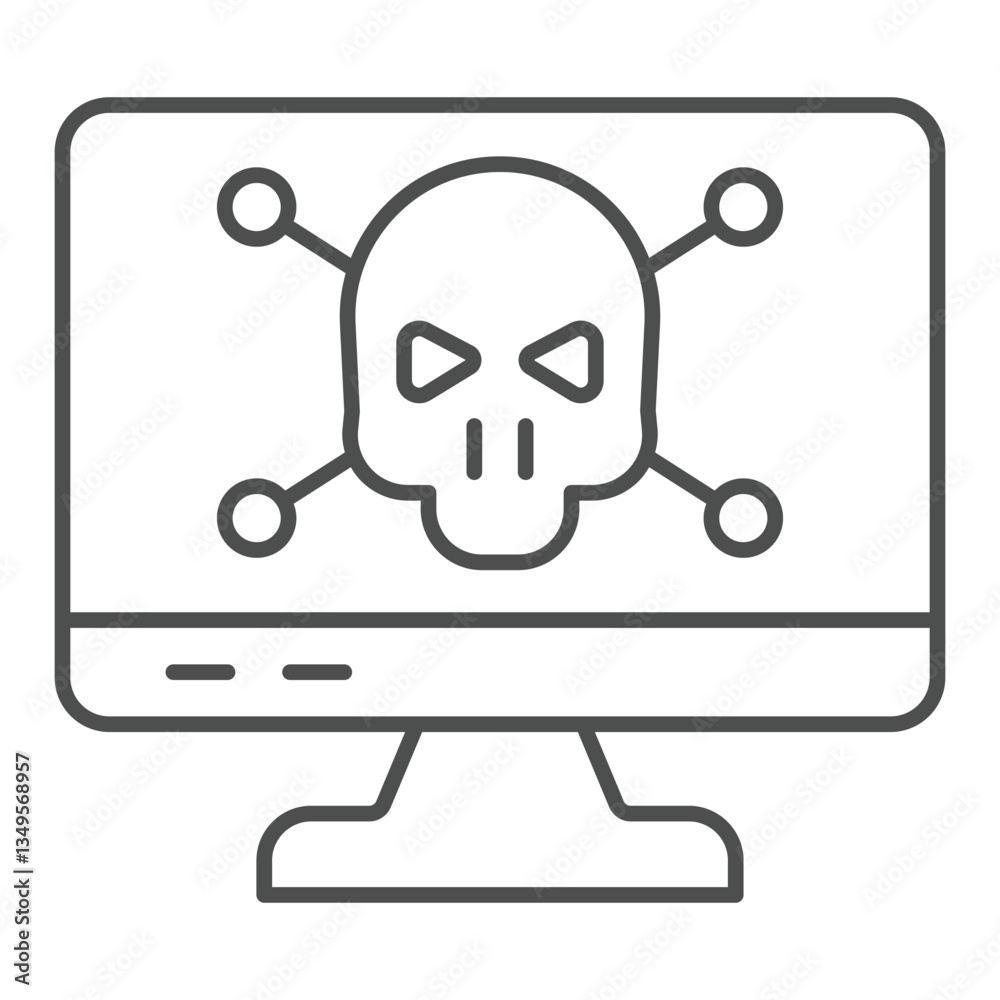 Poster monitor with skull and bones thin line icon, hacker attacks concept. vector graphics. infected by vi