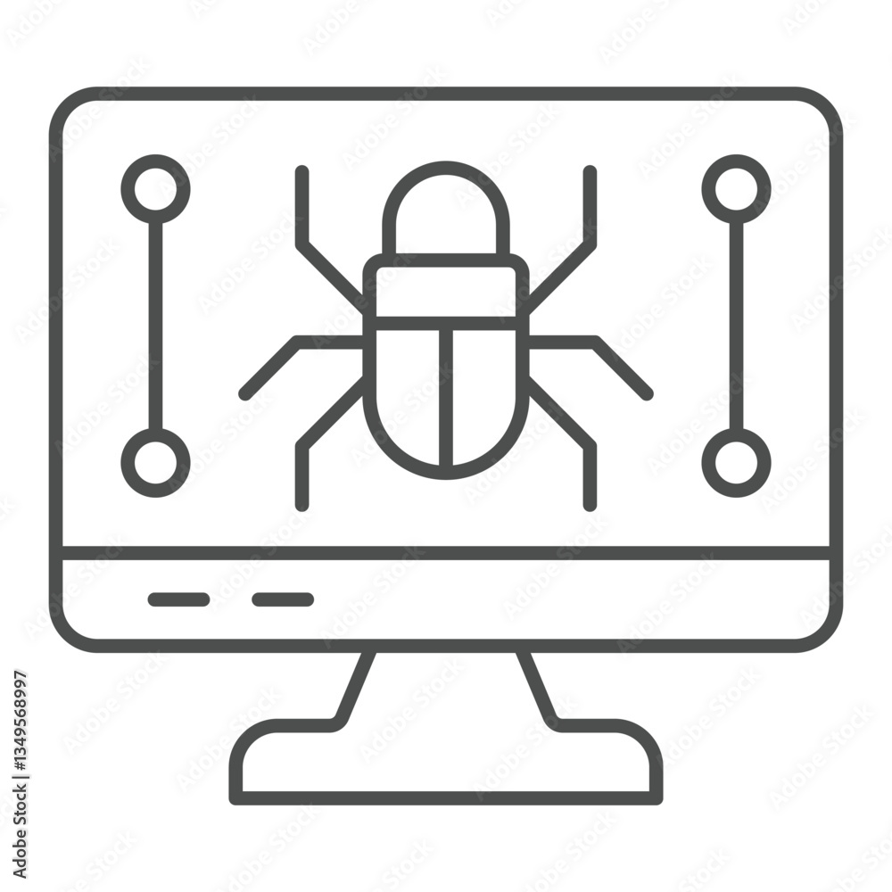 Poster monitor screen and beetle thin line icon, hacker attacks concept. vector graphics. display with bug,