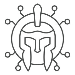 Medieval helmet with connection thin line icon, hacker attacks concept. Vector graphics. Greek warrior hat trojan, antivirus sign on white background, outline style icon for mobile or web design.