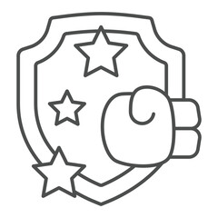 Boxing glove with shield thin line icon, hacker attacks concept. Vector graphics. Hitting, punch at safety emblem sign on white background, outline style icon for mobile or web design.