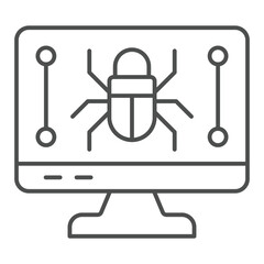 Monitor screen and beetle thin line icon, hacker attacks concept. Vector graphics. Display with bug, computer virus sign on white background, outline style icon for mobile or web design.