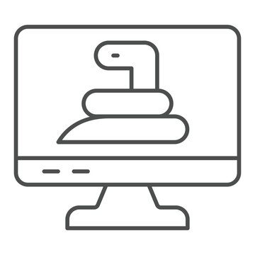 Monitor screen and snake thin line icon, hacker attacks concept. Vector graphics. Display with worm virus sign on white background, outline style icon for mobile or web design.