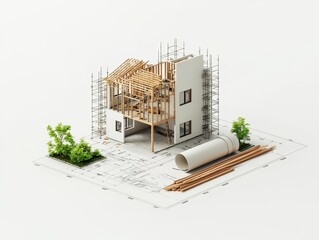 Blueprint and framework combination illustration of house under construction, scaffolding around, concept of progress