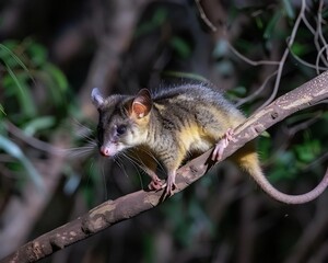 Obraz premium National Geographic style high speed capture of mountain brushtail possum mid leap between tree branches perfectly frozen motion deep forest backdrop cinematic wildlife action shot
