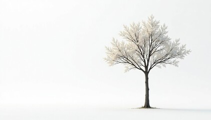 Fototapeta premium Lone young tree, delicate branches against pure white , texture, twig, photography