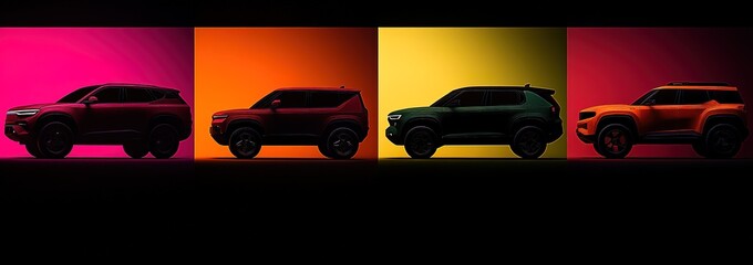 SUV cars in different colors against colorful backgrounds, ideal for automotive advertising, branding, and promotional materials highlighting vehicle styles.