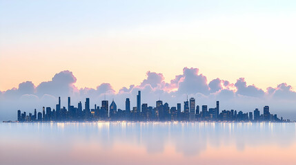 Fototapeta premium Silhouetted City Skyline Reflected In Calm Water Under Pastel Sky During Sunset Illuminating Buildings