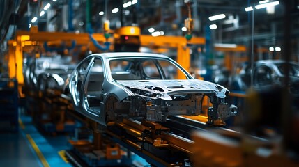 A car factory is assembling the car parts.