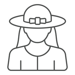 Woman and hat with bow thin line icon, mother day concept. Vector graphics. Young woman avatar sign on white background, outline style icon for mobile or web design.