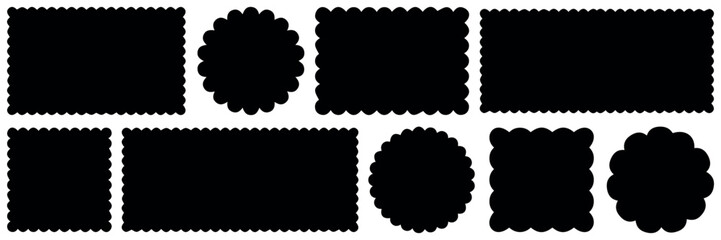 Circle and square scalloped frames vector collection. square, arch modern brutalism frame. Simple label and sticker form. Flower silhouette lace frame. Vector illustration isolated on white background