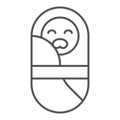 Child with pacifier thin line icon, mother day concept. Vector graphics. Baby in cloth with ribbon belt sign on white background, outline style icon for mobile or web design.