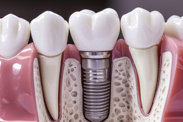 A dental implant in jaw with teeth, on a dark background, concept: dentistry, dental health, and restorative treatment