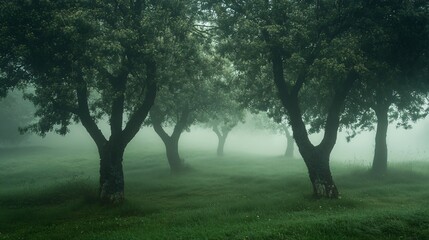 Obraz premium Serene Misty Trees: Captivating Nature Photography for Design Projects