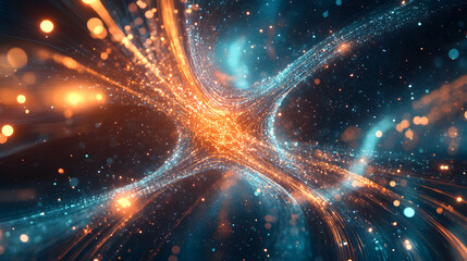 Intricate network of light streams converging in abstract digital space