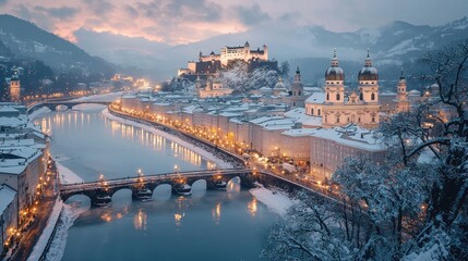 Obraz premium Salzburg, Austria, winter evening cityscape