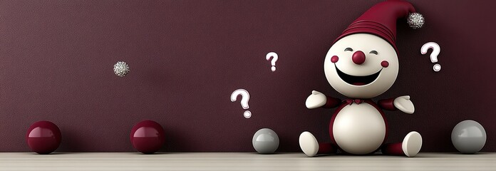 A cartoon character wearing a red hat sitting among balls with question marks around, great for children's educational materials, puzzle - themed designs, and playful artworks.